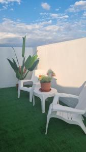 two white chairs and a table with plants on the grass at Altos de Centro Chivilcoy II in Chivilcoy +5 photos