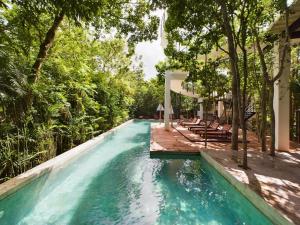 an infinity pool in a house with trees at Casa Xaman in Tulum - TH 5 in Tulum