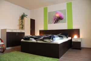 una camera con letto e parete verde e bianca di Írisz Apartmanház a Mórahalom