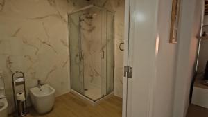 a bathroom with a shower and a toilet and a sink at Esperança House 2 in Maia +23 photos