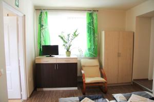 Zimmer mit einem Fenster mit grünen Vorhängen und einem Stuhl in der Unterkunft Írisz Apartmanház in Mórahalom