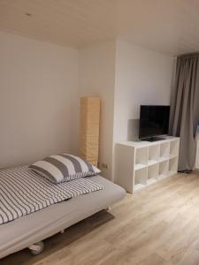 Un dormitorio con una cama y un televisor de pantalla plana. en Ferienwohnung mit Balkon, en Holle