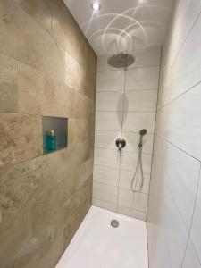 a bathroom with a shower with a shower head at Ferienwohnung Plechau in Russbach am Pass Gschütt +53 photos
