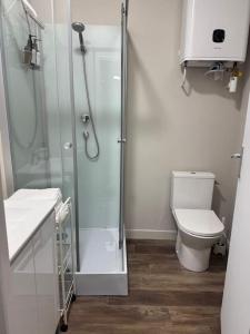 a bathroom with a shower and a toilet at Logement centre-ville Muret in Muret