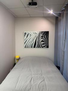 a bedroom with a bed and a painting of a zebra at Logement centre-ville Muret in Muret