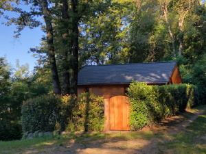 a smallshed with a wooden door in a yard at "La Graziosa" Superior Chalet Rifugio Nel Bosco in Astano