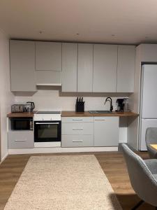 a kitchen with white cabinets and a sink at Northern Star Apartment 4 in Ivalo