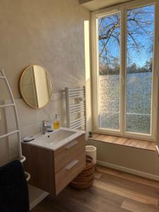 a bathroom with a sink and a mirror and a window at Maison 85 m2 deux chambres in Cazères +16 photos