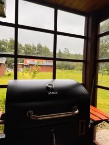 a black suitcase sitting in front of a window at Hostal Treile in Pucón