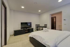 a bedroom with a bed and a flat screen tv at 2 Hidden Gems - all U need - by Uni88 Apart Hotel in Bucharest