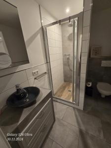 a bathroom with a glass shower and a sink at IaM Attendorn 4 Betten 60 Qm Neu Modernisiert in Attendorn +14 photos