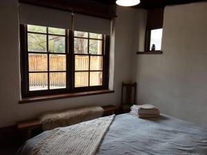 Cob Cabin - Sacred Earth Farm في Pumpenbill: غرفة نوم بها سرير ونافذتين