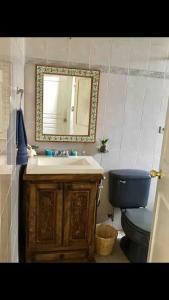 a bathroom with a blue toilet and a mirror at Casa Guijas in Guanajuato