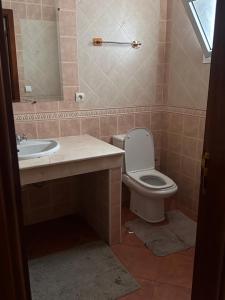 a bathroom with a toilet and a sink and a mirror at Marinasmir Jawhara in Fnidek +6 photos