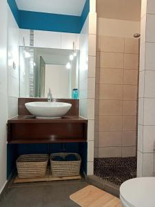 a bathroom with a sink and a mirror at Blue Side in Le Moule