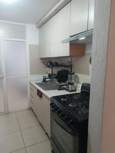 a small kitchen with a stove and a sink at Casa dentro de Coto Parques de Tesistan in Tesistán