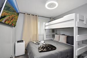 a bedroom with a bunk bed and a tv at Stringer's Peak Retreat in Beech Mountain +40 photos