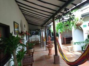 サン・ヒルにあるCasa HOTEL EL MARQUEZの家の中の植物とハンモック付きのパティオ