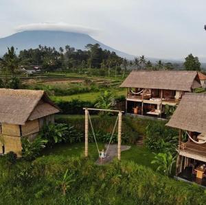 a person on a swing in front of a village at Vaikuntha Villa Bali in Selat