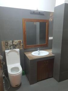 Un baño con inodoro, lavabo y espejo. en Arverne Villa Kandy, en Kandy
