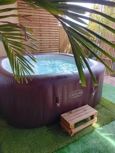 a large tub sitting on the grass with a palm tree at Le chapeau de Paille in Saint-Louis