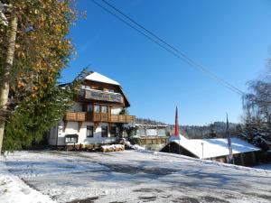 una casa en una colina cubierta de nieve con un edificio en Hotel Dachsberger-Hof en Wittenschwand