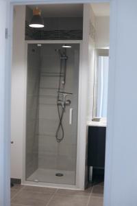 a shower with a glass door in a bathroom at Havre de paix près de Toulouse Parking inclus in Quint-Fonsegrives