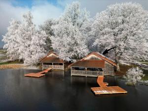 una casa en medio de un cuerpo de agua en Le Fayard - Chalet avec terrasse, en Mélisey