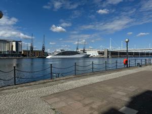 a cruise ship is docked in a harbor at Waterfront double room with fireplace in the heart of Royal Docks in London