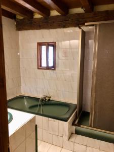a bathroom with a green tub and a sink at Bergerie authentique au cœur des Pyrénées in Eaux-Bonnes
