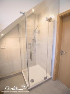 a shower with a glass door in a bathroom at 54 Ferienwohnung im Fritz-Bleyl-Weg 14 OG links in Burg auf Fehmarn +11 photos