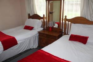 a bedroom with two beds with red pillows at Tinotenda Cottage in Harare