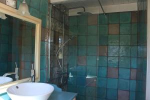 a bathroom with a shower and a sink and a mirror at Bouleau - Chalet en bois dans son écrin de verdure in Écromagny +5 photos
