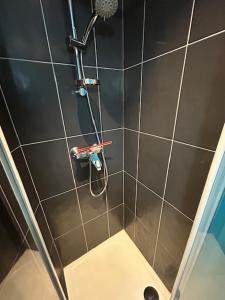 a shower with a hose in a bathroom at Chambre Au Trèfle Dort in Châtel-Guyon