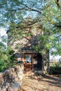 an old stone building with a door under a tree at La Petite Tour du Château de Salornay in Hurigny