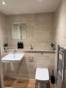 a bathroom with a sink and a toilet and a mirror at Manchester waterside Haven in Manchester +20 photos