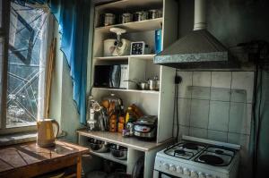uma pequena cozinha com um fogão e um lavatório em Guesthouse Kishimzhan em Talas