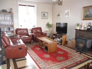 ein Wohnzimmer mit Ledermöbeln und einem TV in der Unterkunft Les Hautes Loignieres in Pré-en-Pail