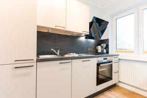 eine Küche mit weißen Schränken und einer Spüle in der Unterkunft Am Hof 4 in Staberdorf