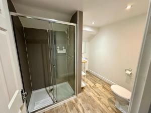 a bathroom with a glass shower with a toilet at West Street Mews - Serviced Accommodation in Exeter