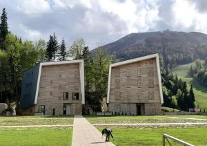 a dog standing in front of two large buildings at Apartman Srebrena lisica - Babin do Bjelašnica - Free Garage -SKI to door- in Bjelašnica