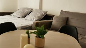 un soggiorno con due tavoli e un divano di Capstay studio avec grande terrasse proche aéroport Bastia - Lucciana - Centre a Lucciana