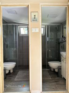 a bathroom with three toilets and two sinks and a shower at Marchewkowe Pole in Sośnina