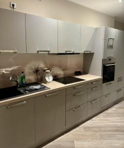 a kitchen with white cabinets and a sink at Apartmenthaus Burkhardt in Meißen