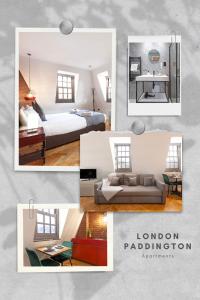 a collage of photos of a bedroom and a living room at London Paddington Apartments in London