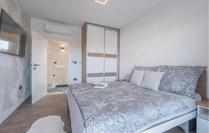 a bedroom with a large bed and a walk in shower at Cozy Home In Labin With Sauna in Labin +31 photos