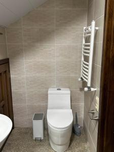 a bathroom with a toilet and a sink at Bakuriani Cottages in Bakuriani