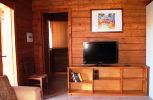 a living room with a television on a wooden wall at Villaggio Del Sole in Giove