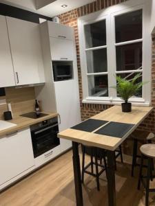a kitchen with white cabinets and a table with a plant on it at Joli appartement avec cachet dans le Vieux Lille in Lille