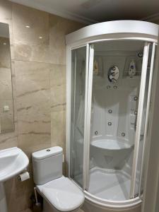 Un baño con ducha, inodoro y lavabo. en La Terraza, en Ávila 5 fotos más